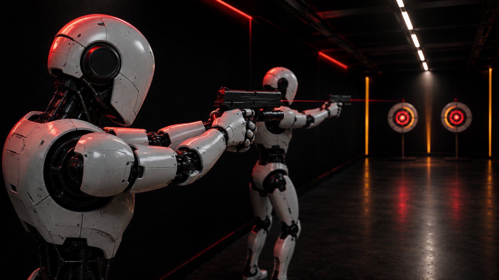 A dynamic shooting scenario on the SimFire Academy simulator: two figures engaging illuminated reactive targets down the lane with laser training pistols.