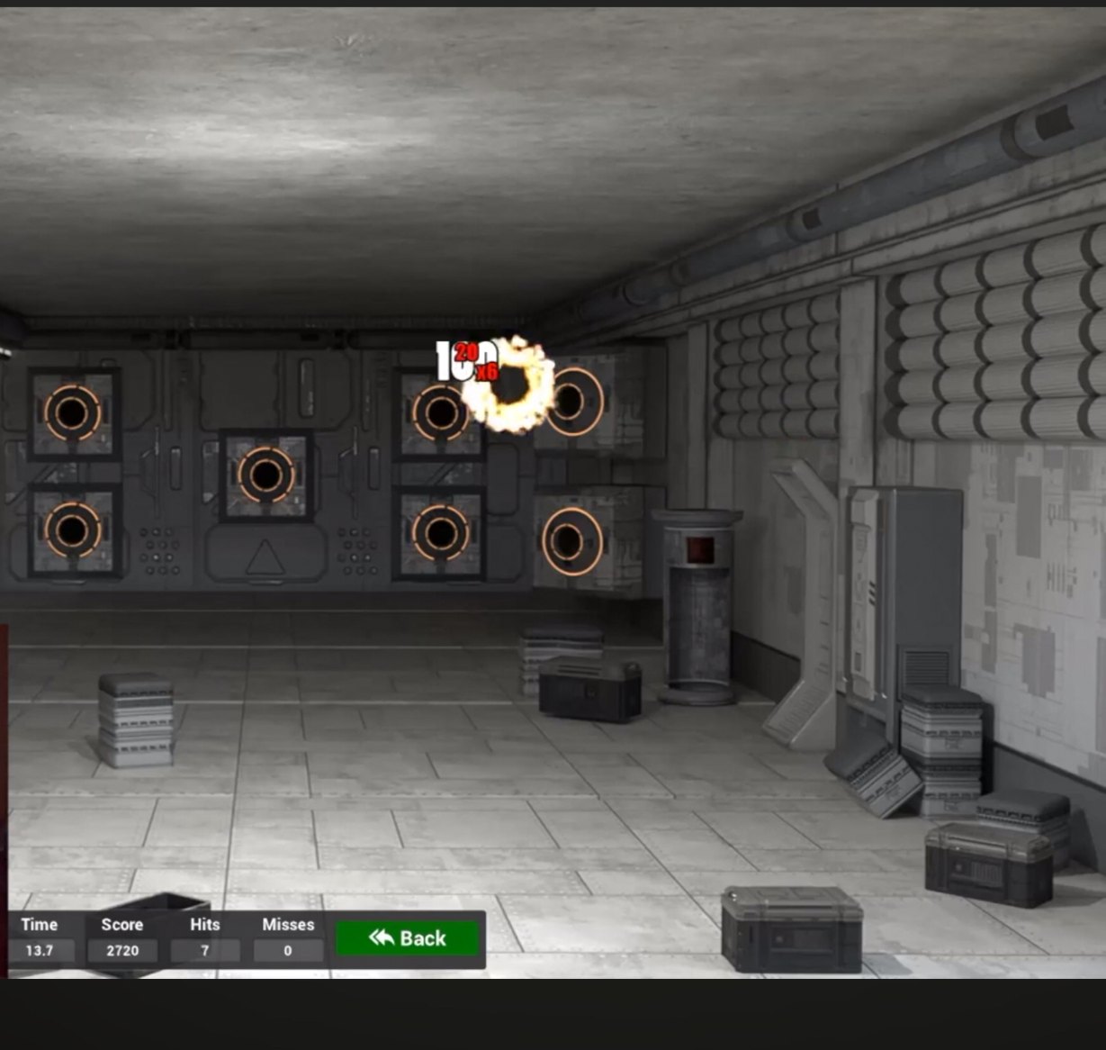 A projected SimFire scenario mid-drill, showing reactive ring targets and a live scoreboard reading time, score, hits and misses.